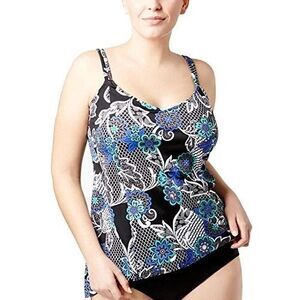 NWT Swim Solutions Garden Lace Printed Princess-Seam Tankini Top 24W Plus Size